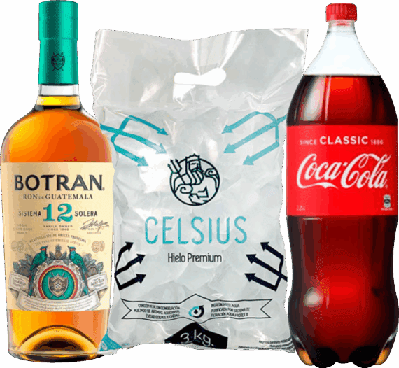 Botran 12 años 750ml + Coca Cola 2.25 lt + Hielo 1.5 Kg