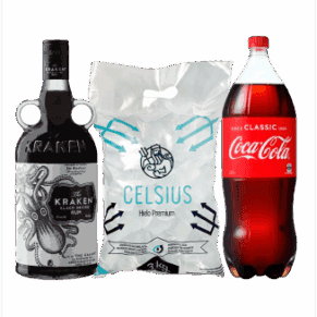 Kraken 750ml + Coca Cola 2.25 ml + Hielo 1.5 kg